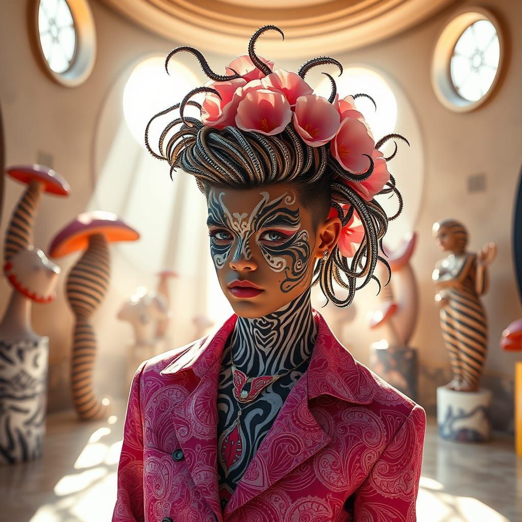 Teenage Boy in Vogue with Larkspur: Botanical Vintage Art