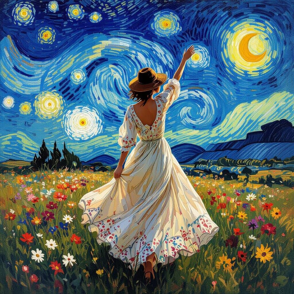 Woman Touching Starry Sky in Flower Field