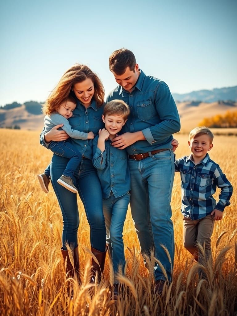 Family in Denim, Playing in a Sun-Drenched Wheat Field, Autu...