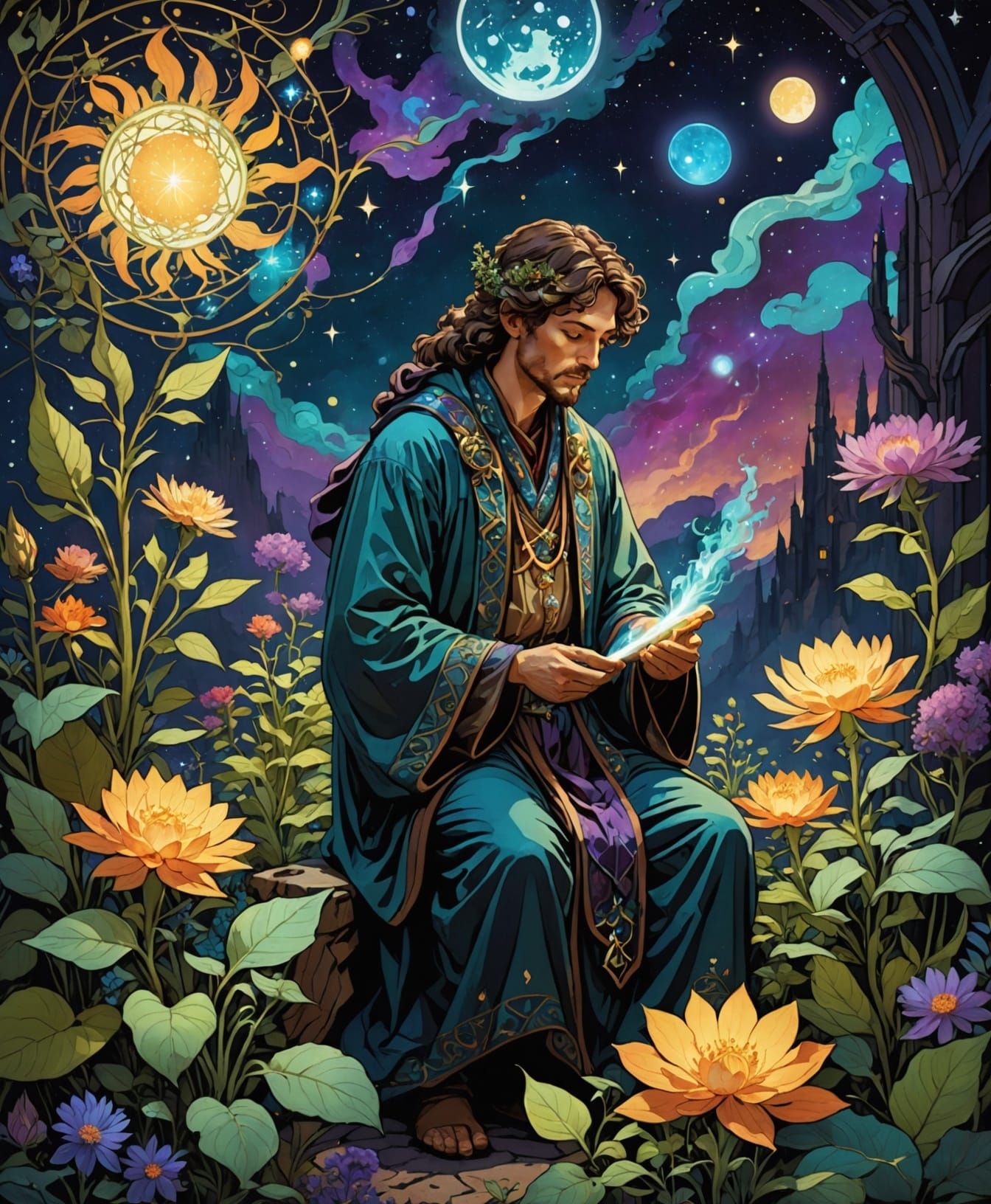 Cosmic Herbalist Tending Starlight Plants in Nebula Garden