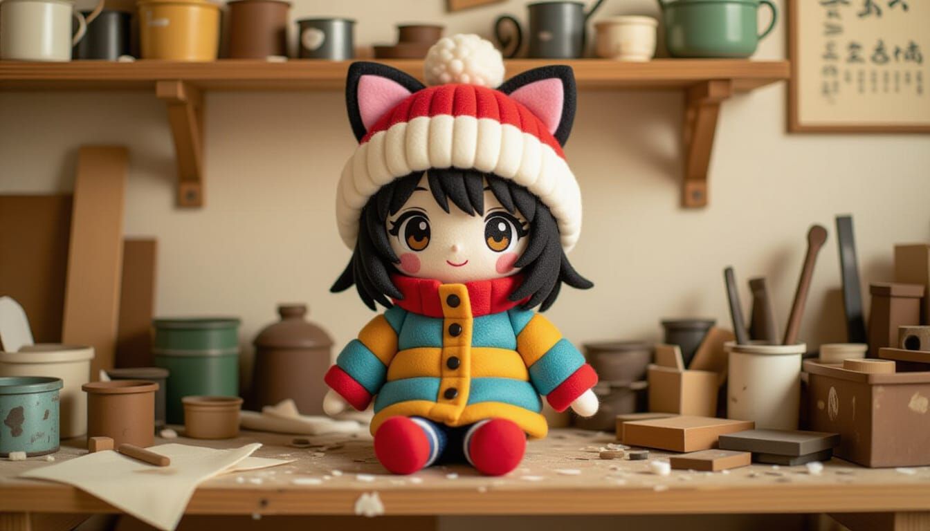 Chibi Cat-Girl Doll on Workbench, Felt Art