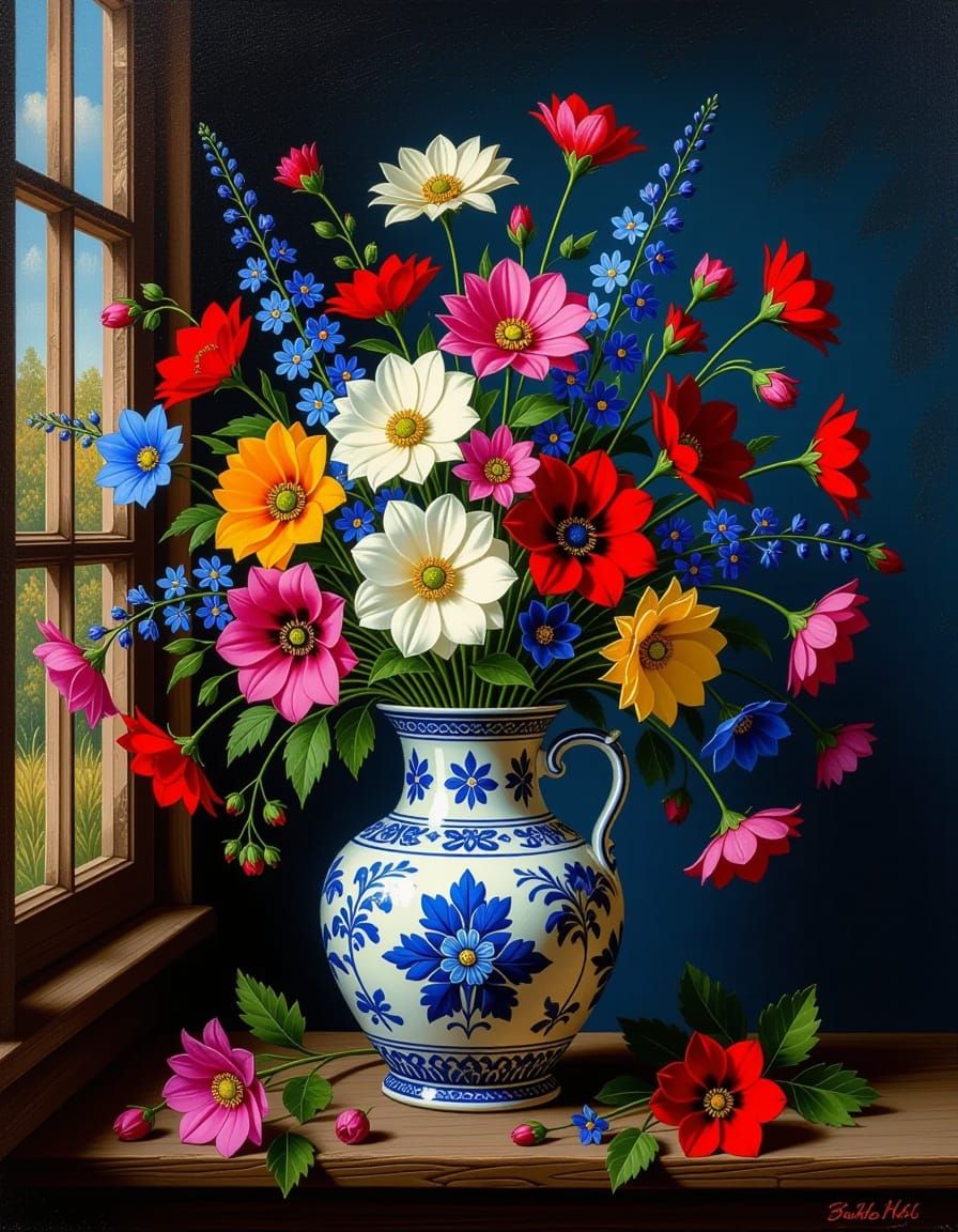 Renaissance Wildflower Posy in Delftware Vase