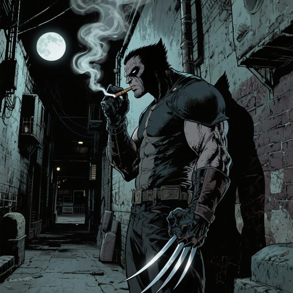 Wolverine Smoking in Moonlit Back Alley Comic Style