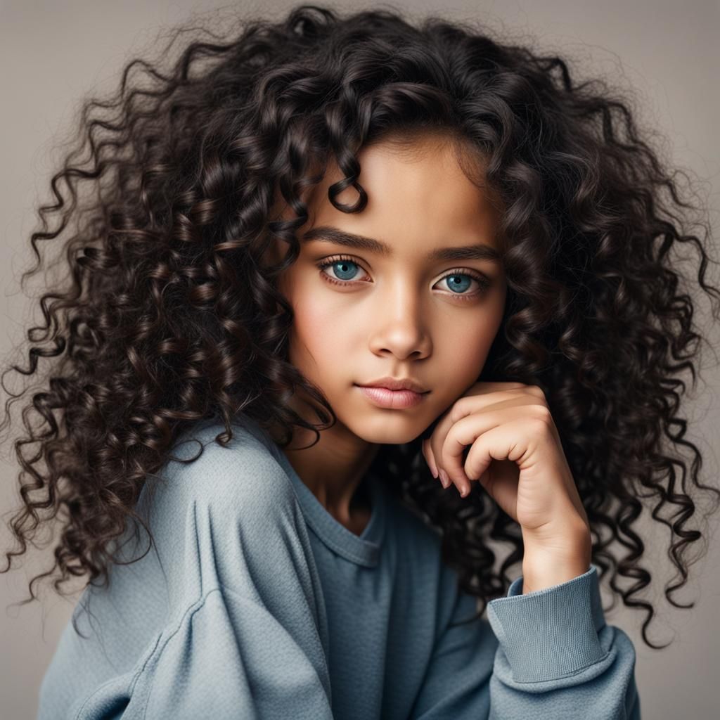 Beautiful Girl with Curly Black Hair and Blue Eyes