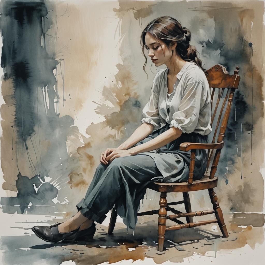 Melancholy Girl in Ethereal Gouache Painting