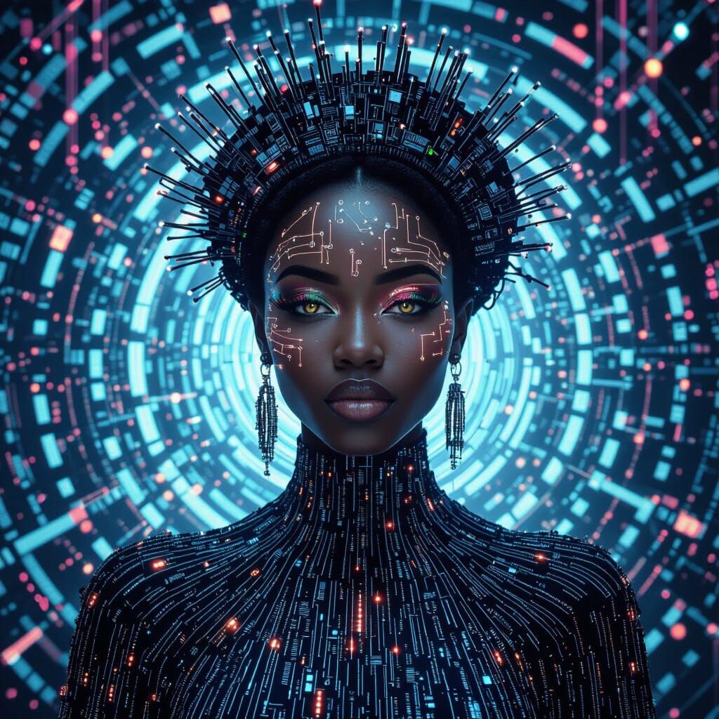 Black Goddess of Technology with Glowing Circuits in Hyperre...