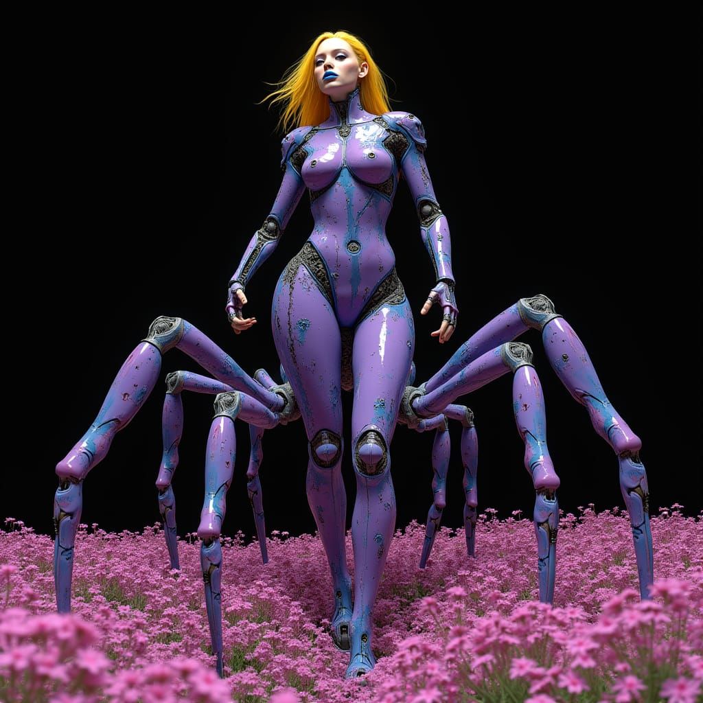 Cyborg Warrior Fights Beside a Vibrant Chamomile Field