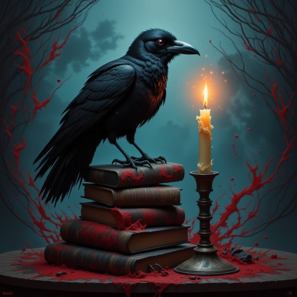 Gothic Raven on Books by Candlelight in Chiaroscuro Style