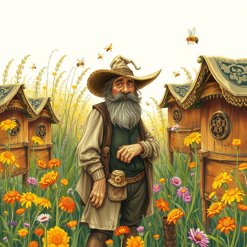Honeybeard the Beekeeper in Whimsical Illustration Style