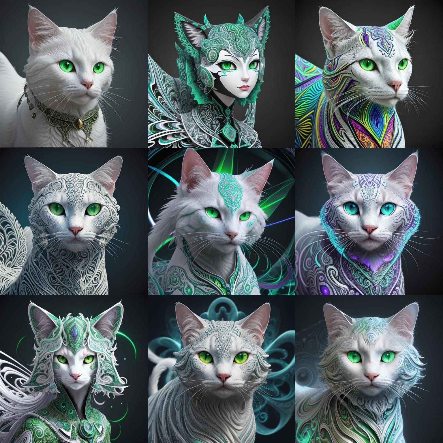 Abstract Fractal Cat with Green Eyes