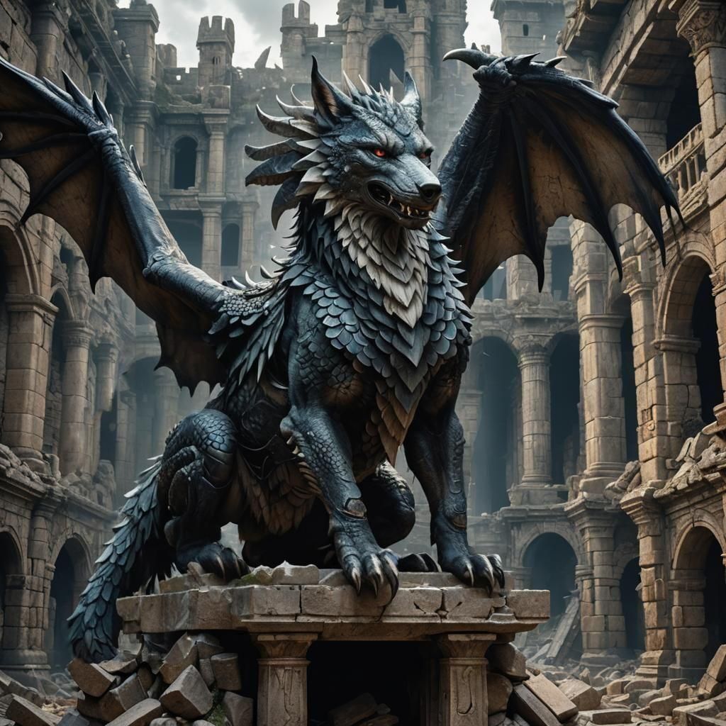 Wolf-Dragon Hybrid in Palace Ruins: Dark Fantasy Art