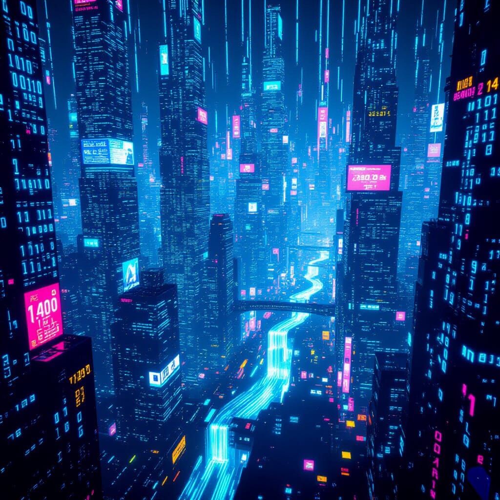 Cyberpunk Cityscape of Binary Code Metropolis