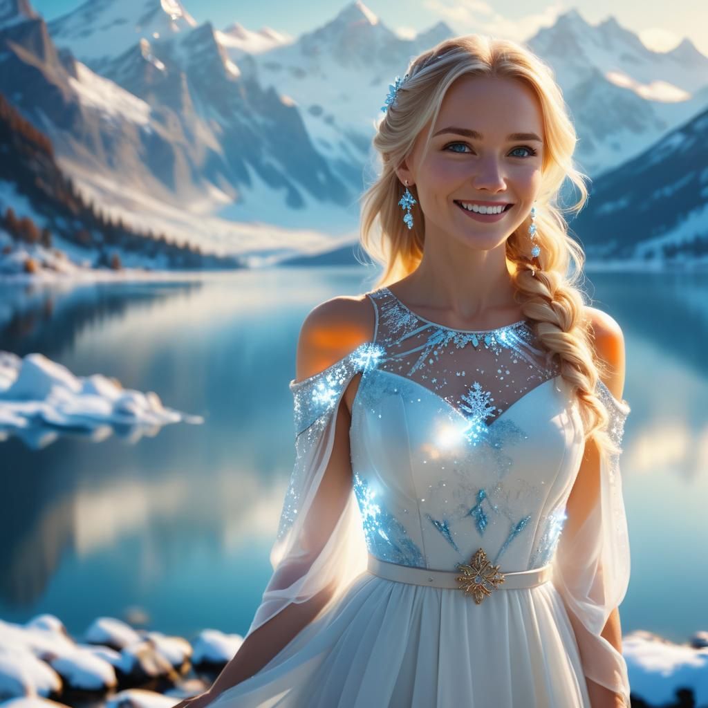 Smiling Blonde Girl in Winter Landscape, Digital Painting