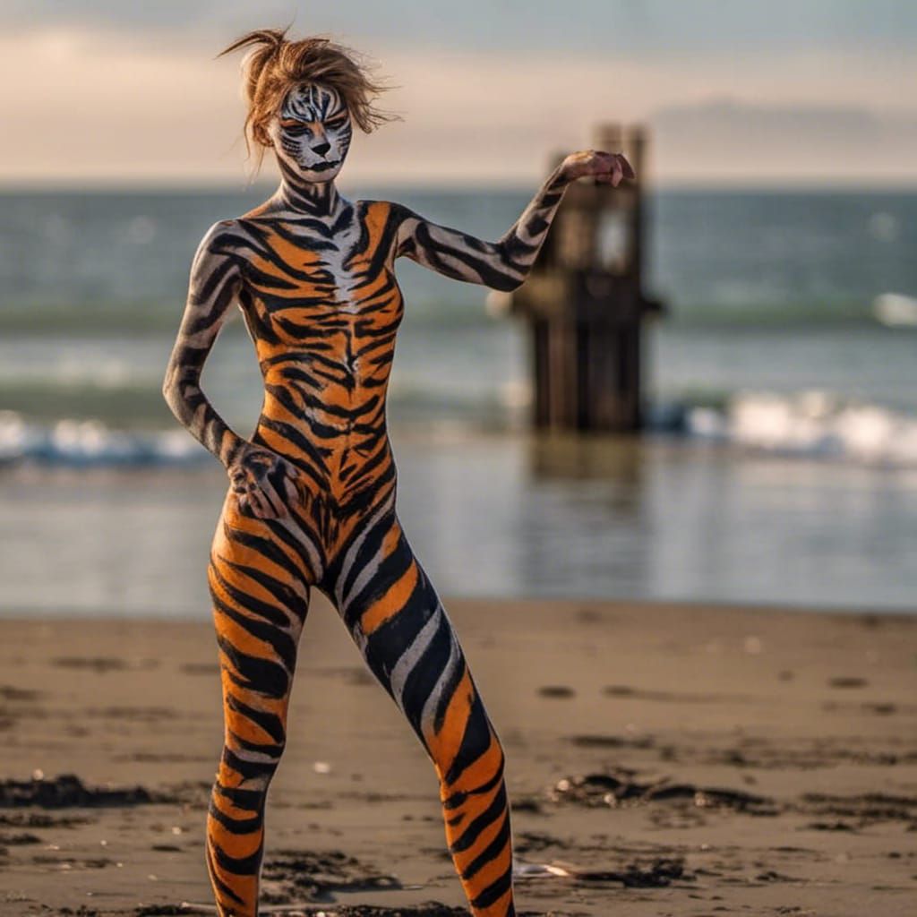 Tiger Body Painting on a Californian Beach