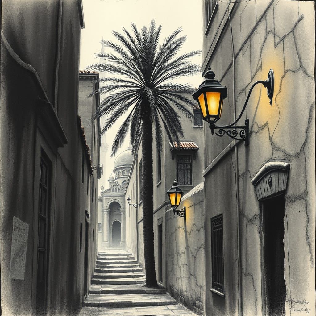 Hyperrealistic Charcoal Rendering of Cairo's Mystical Street...