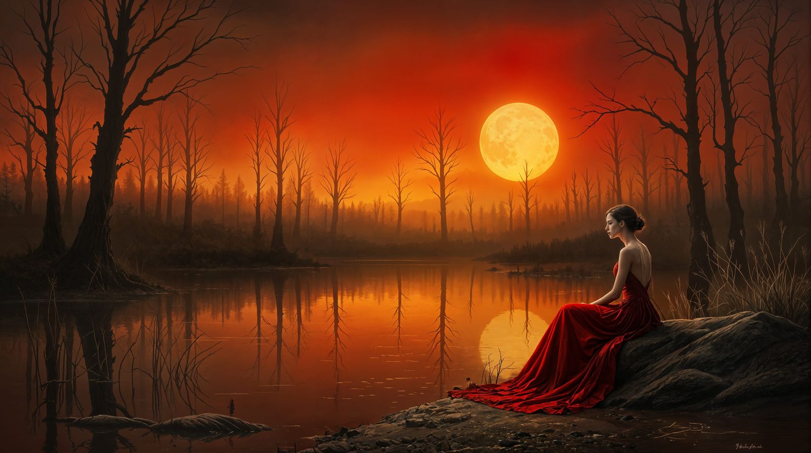 Mysterious Woman in Crimson Gown by Twilight River