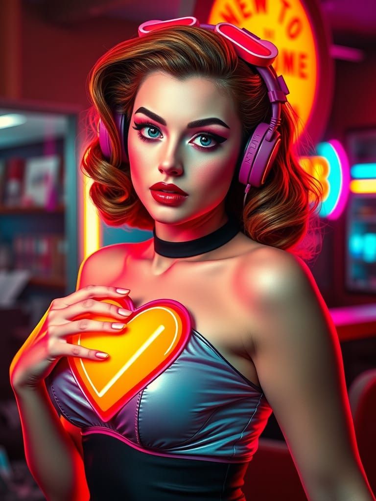 Cyberpunk Pinup Girl with Heart on Sleeve in Neon Colors