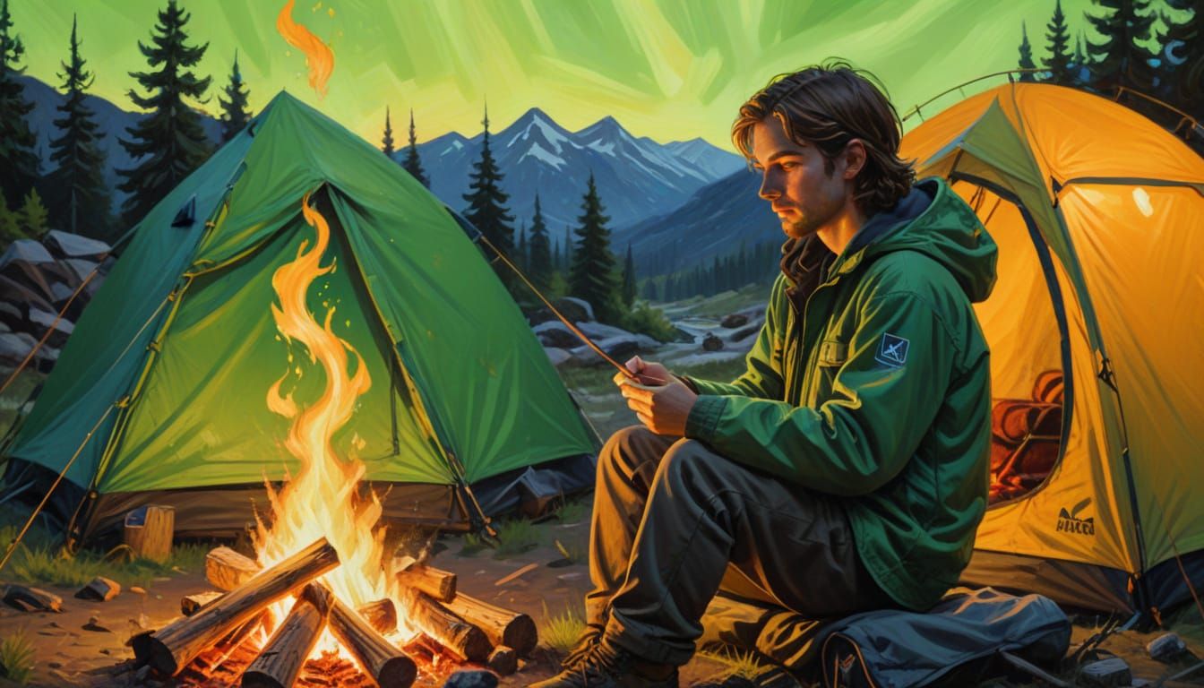 Camper by Campfire: Impressionist Oil Painting