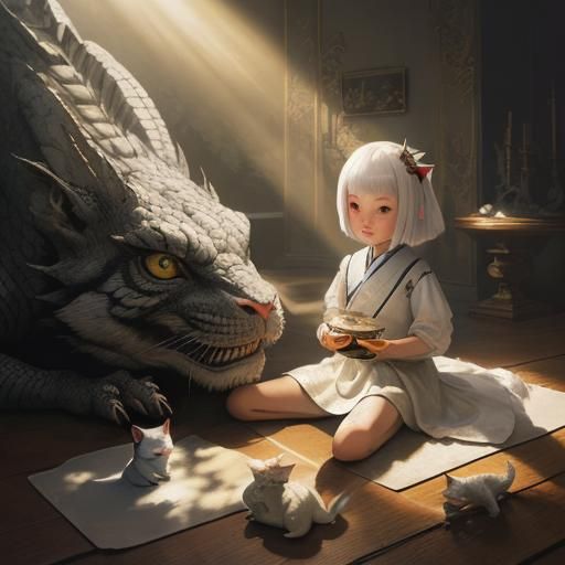 Girl and Dragon: Chiaroscuro Painting with Sunbeams