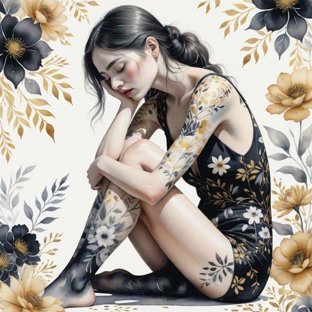 Woman with Floral Patterns: Surrealist Watercolor Art