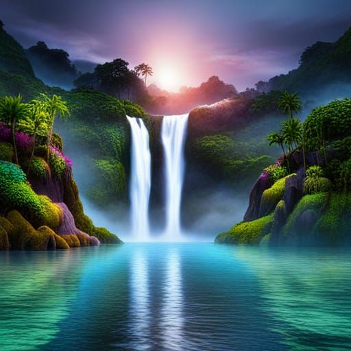 Exotic Island Waterfall with Iridescent Mist