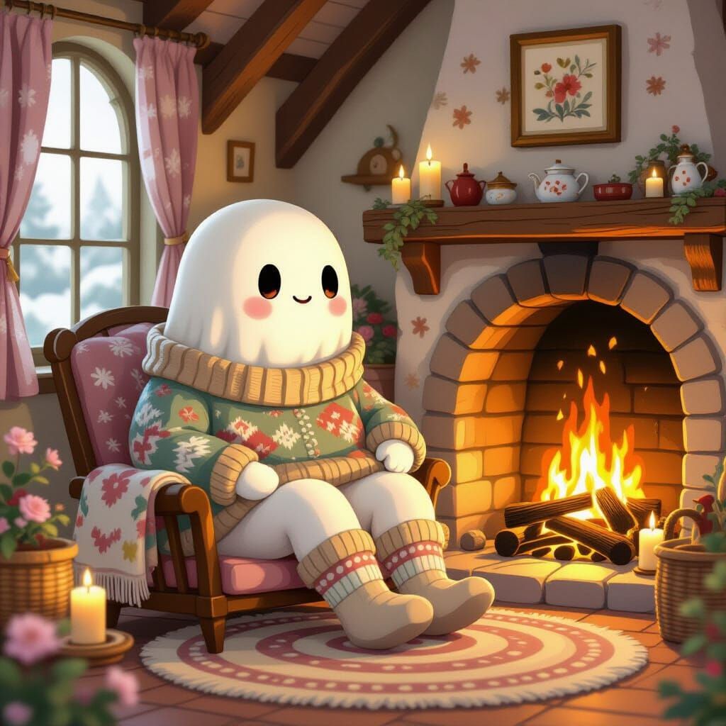 Cozy Rainbow Ghost in Quaint Cottage