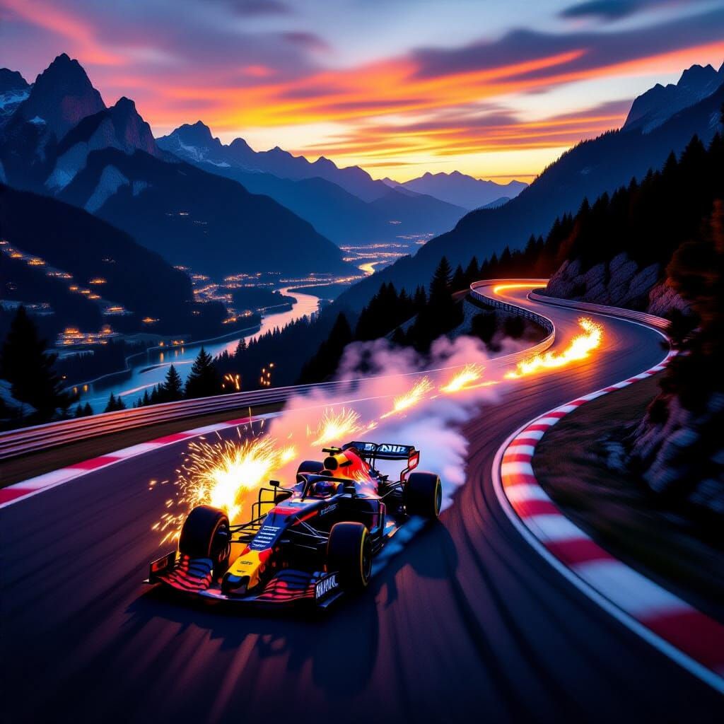 Formula 1 Car Drifting at Twilight