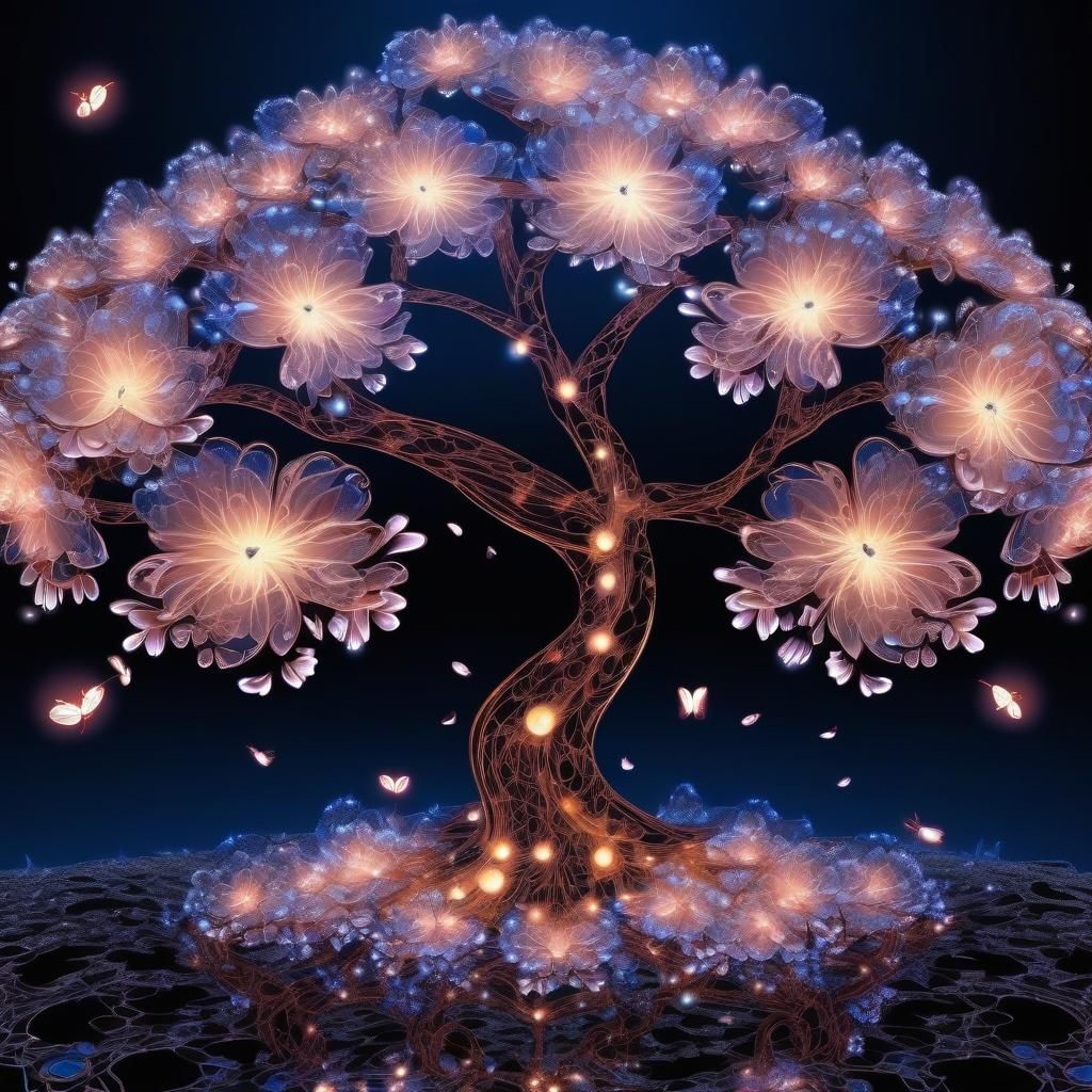 Glowing Blue Cherry Blossom Tree at Night