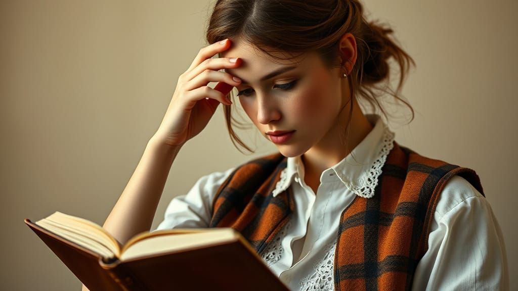 Young Woman Lost in Thought, Reading Leather-Bound Book in E...