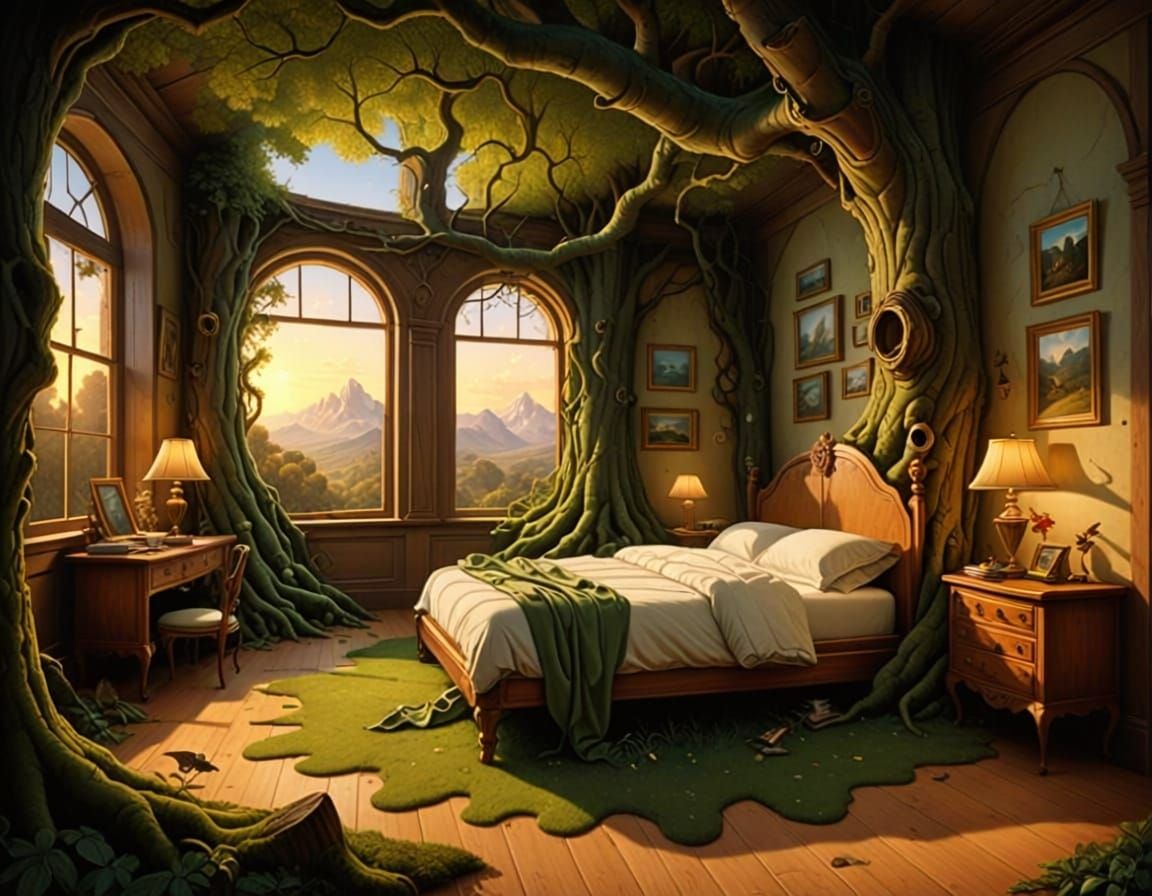 Surrealist Bedroom Inside Mossy Tree Stump