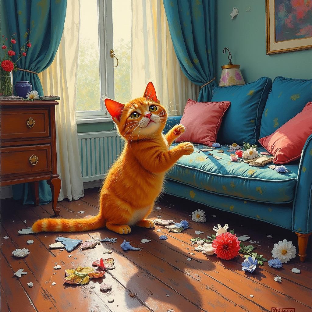Ginger Cat's Joyful Chaos: An Impressionist Painting