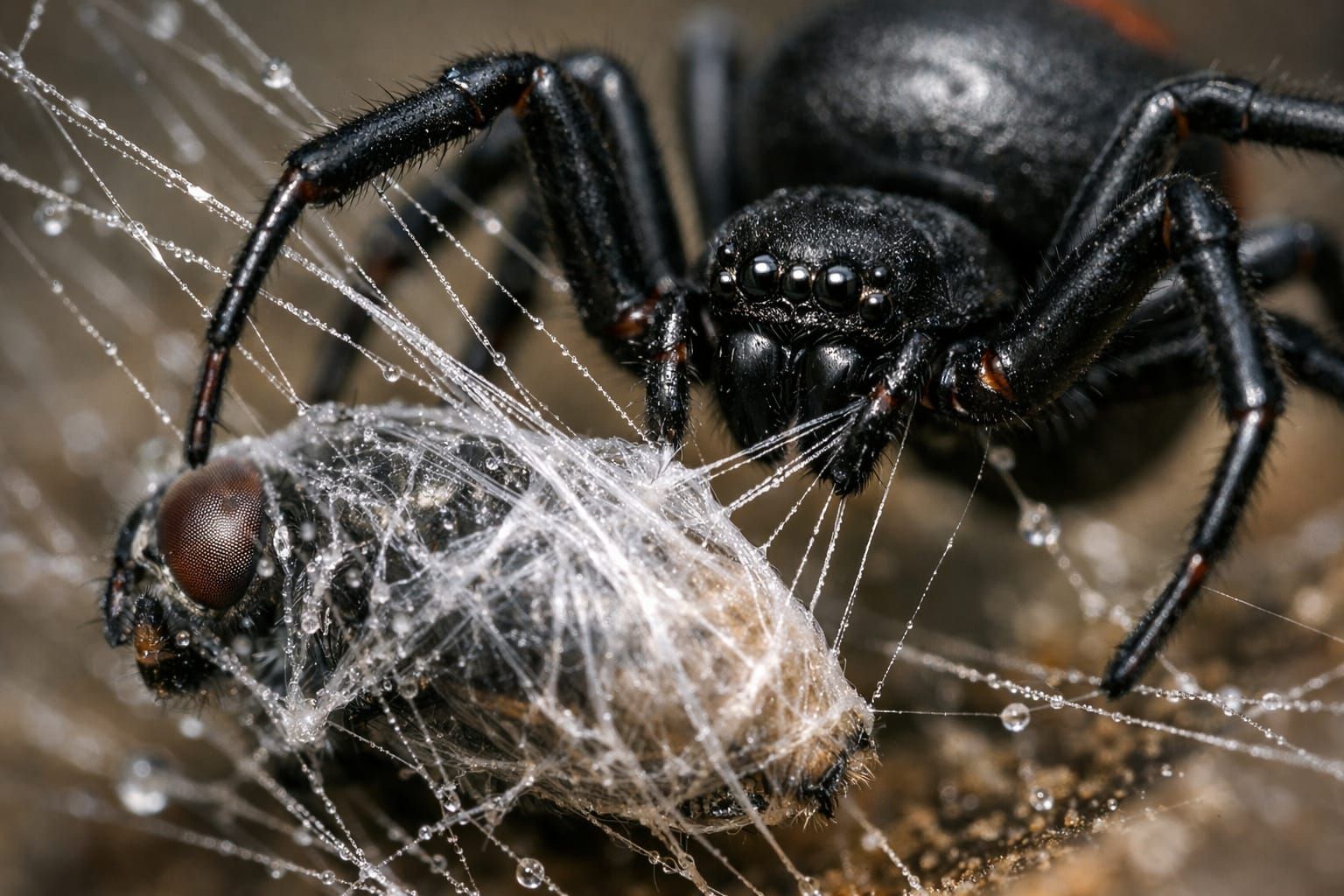 Macro Photo of Black Widow Spider Wrapping Fly in Web
