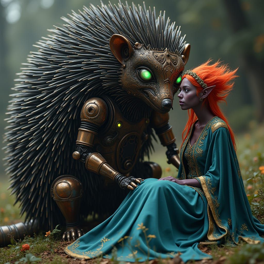 Colossal Mechanical Hedgehog Sits Beside Dark Elf Maiden in ...