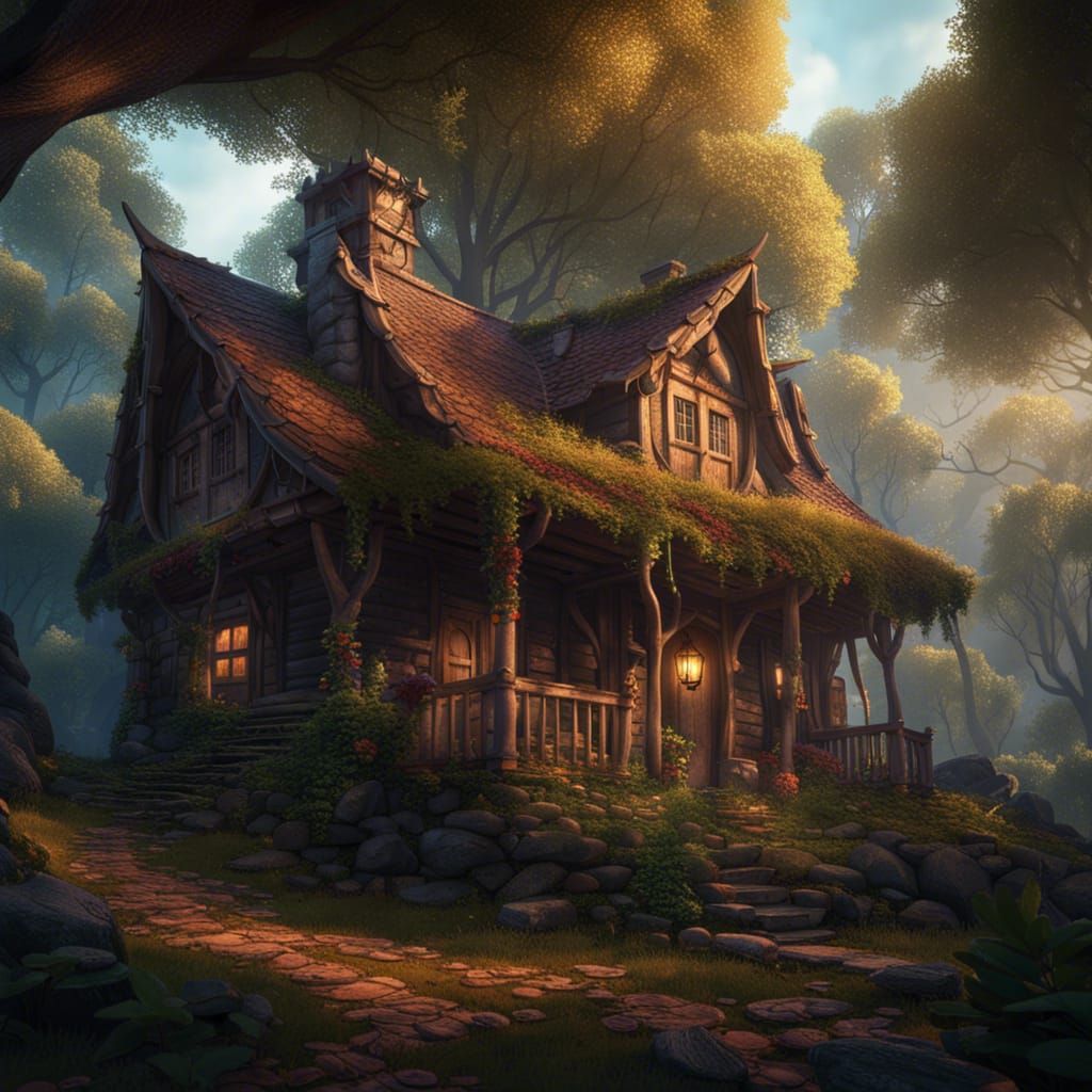 Warm Cabin in Whispering Woods: Fantasy Concept Art