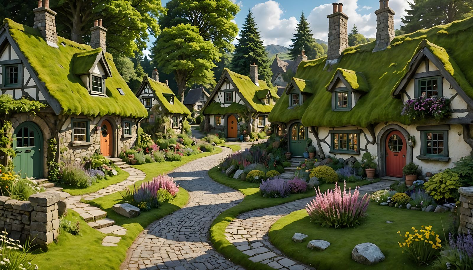 Whimsical Stone Village in a Sunny Meadow