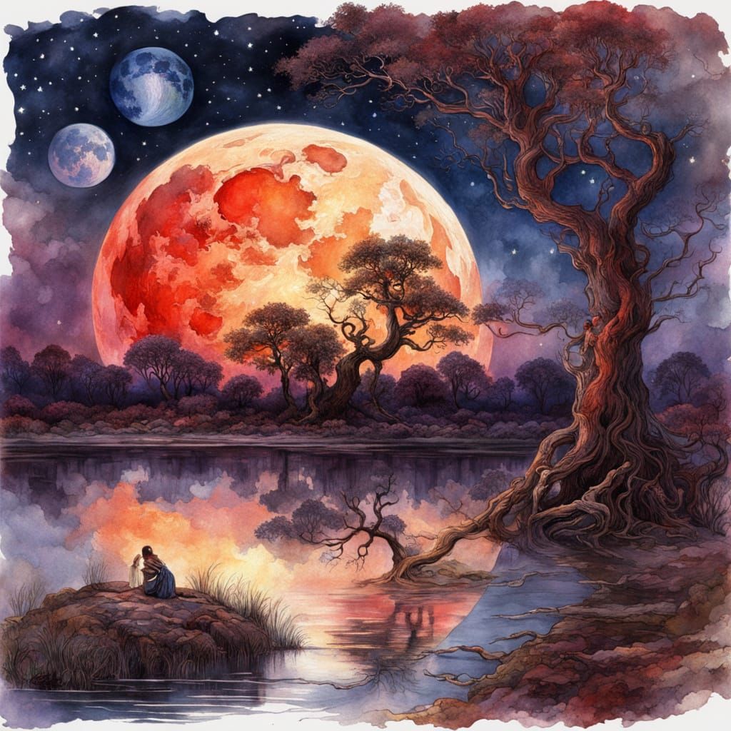 Blood Moon Reflection in Pond, Watercolor Style