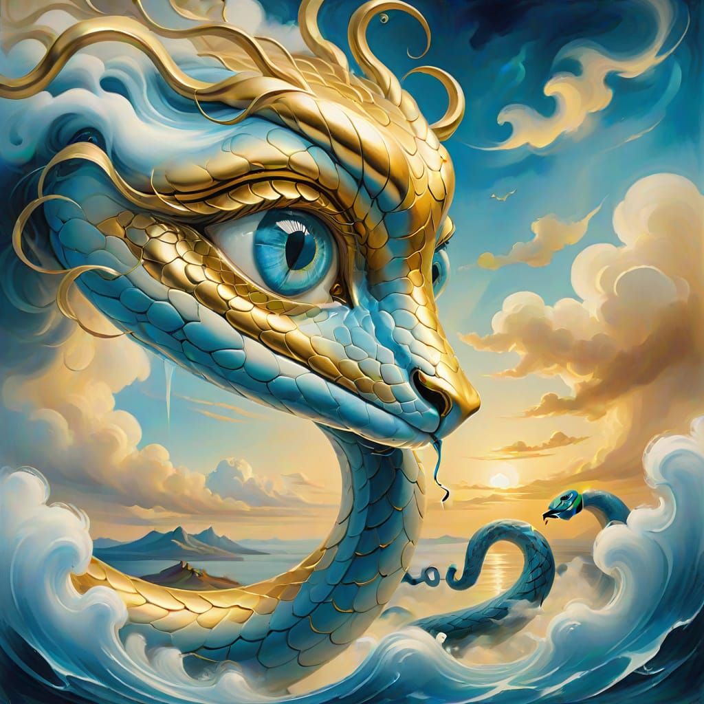 Whimsical World Serpent in Dreamlike Landscape
