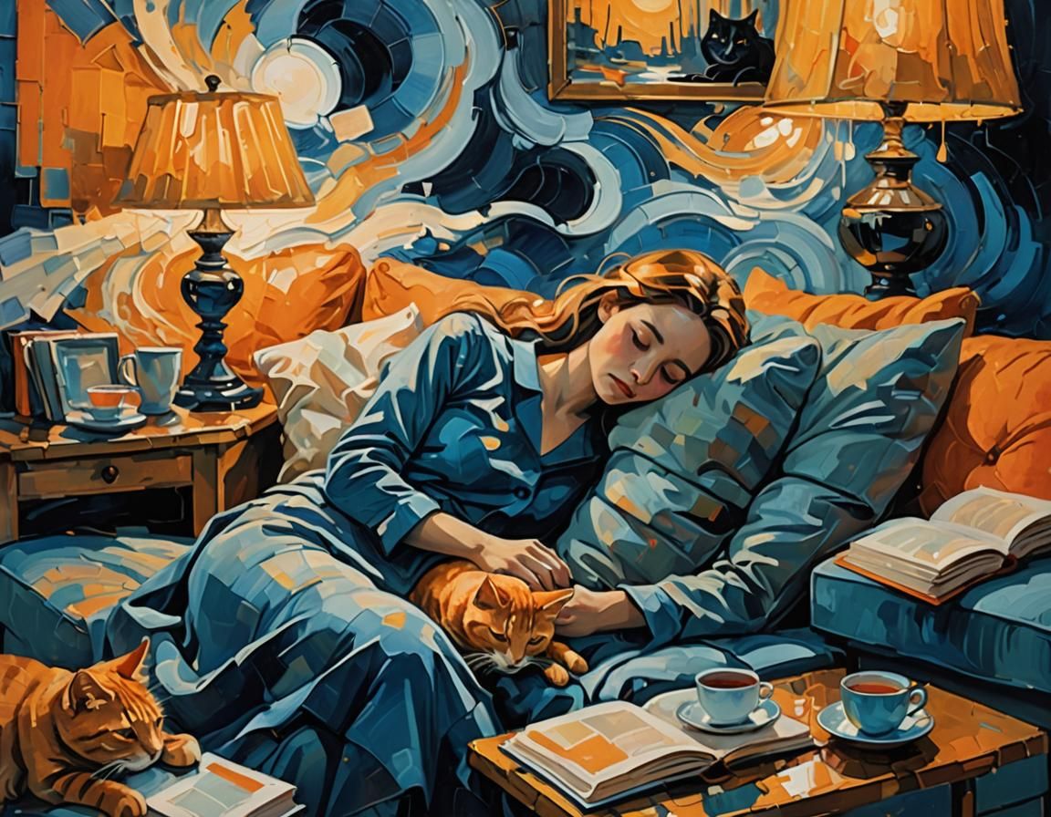 Woman Sleeping with Cat in Flooded Street, Abstract