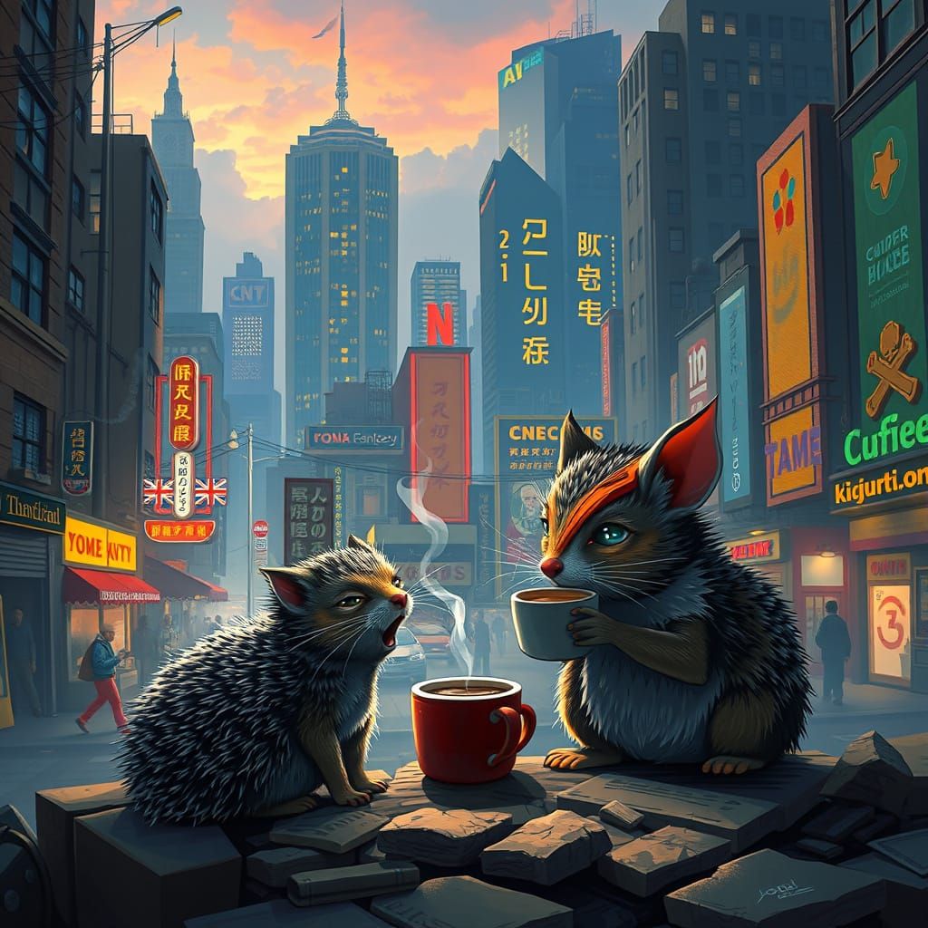 Fantastical City Square Scene with Hedgehog, Mouse, Cat, Cof...