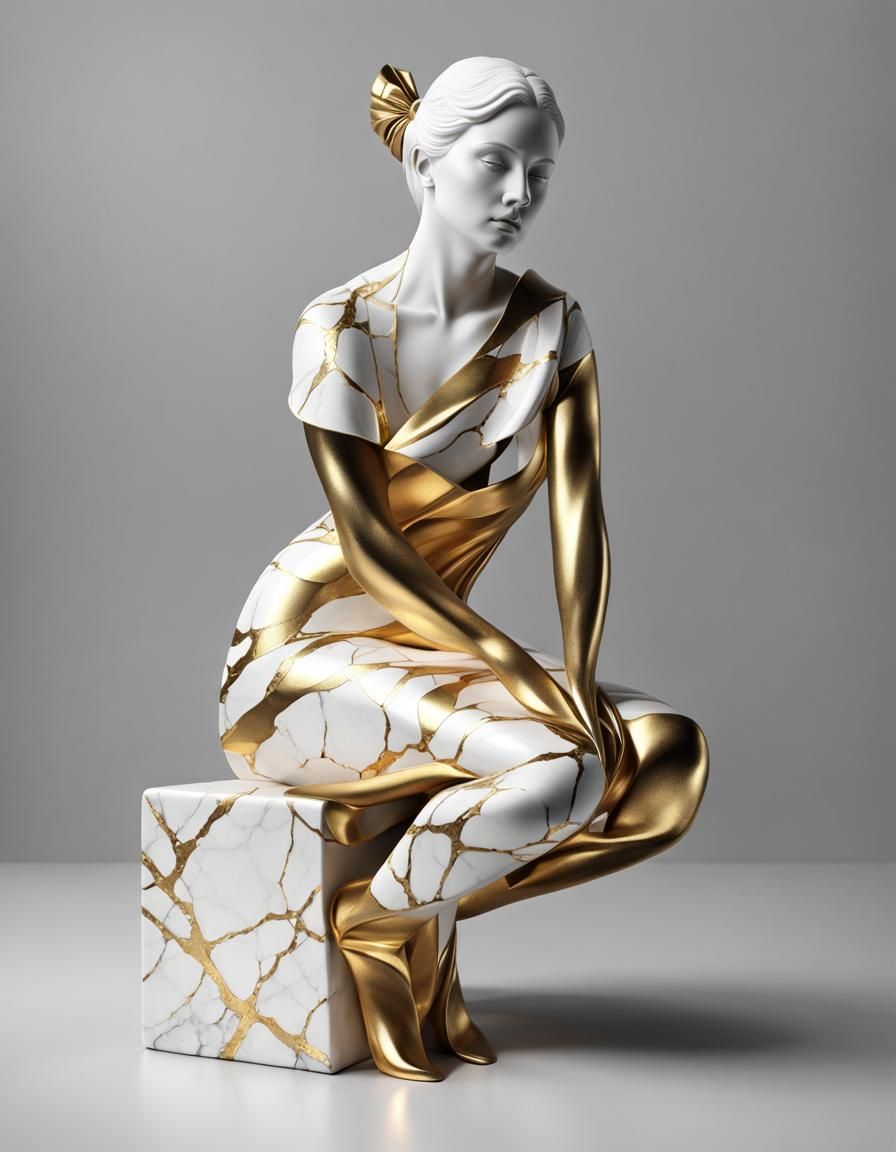 Kintsugi Sculpture of a Beautiful Woman in Marble