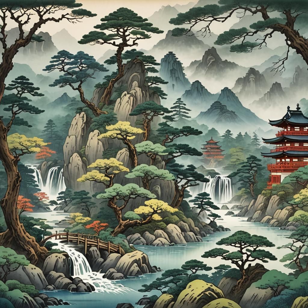 Misty Mountains Meet Japanese Landscape in Watercolor