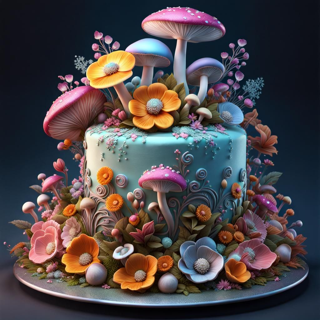 Intricate Mushroom and Flower Cake: Fantasy Concept Art