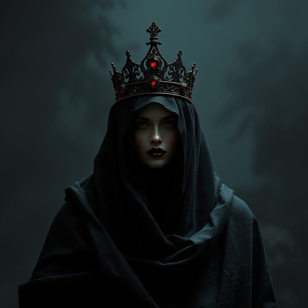 A dark, shrouded figure wearing a veil over their face