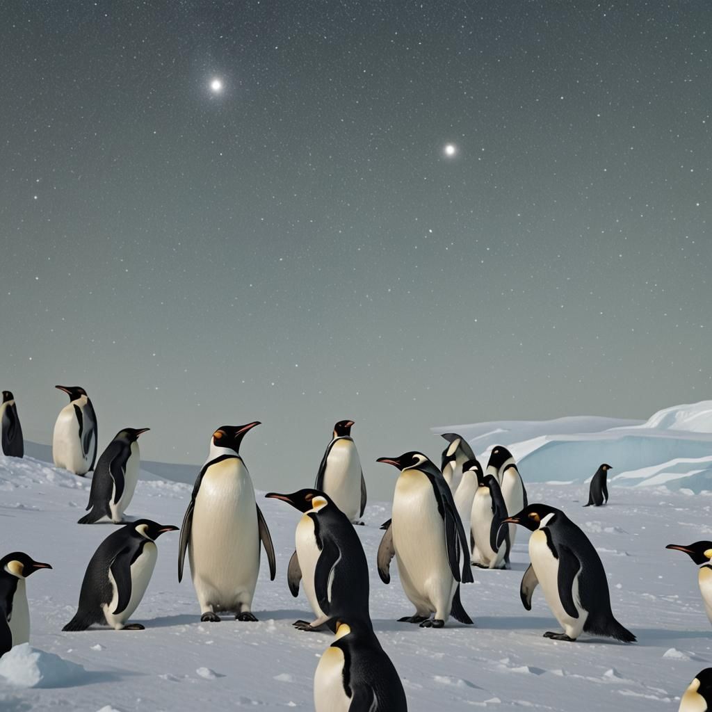 Penguin Astronomers Observing Arctic Sky