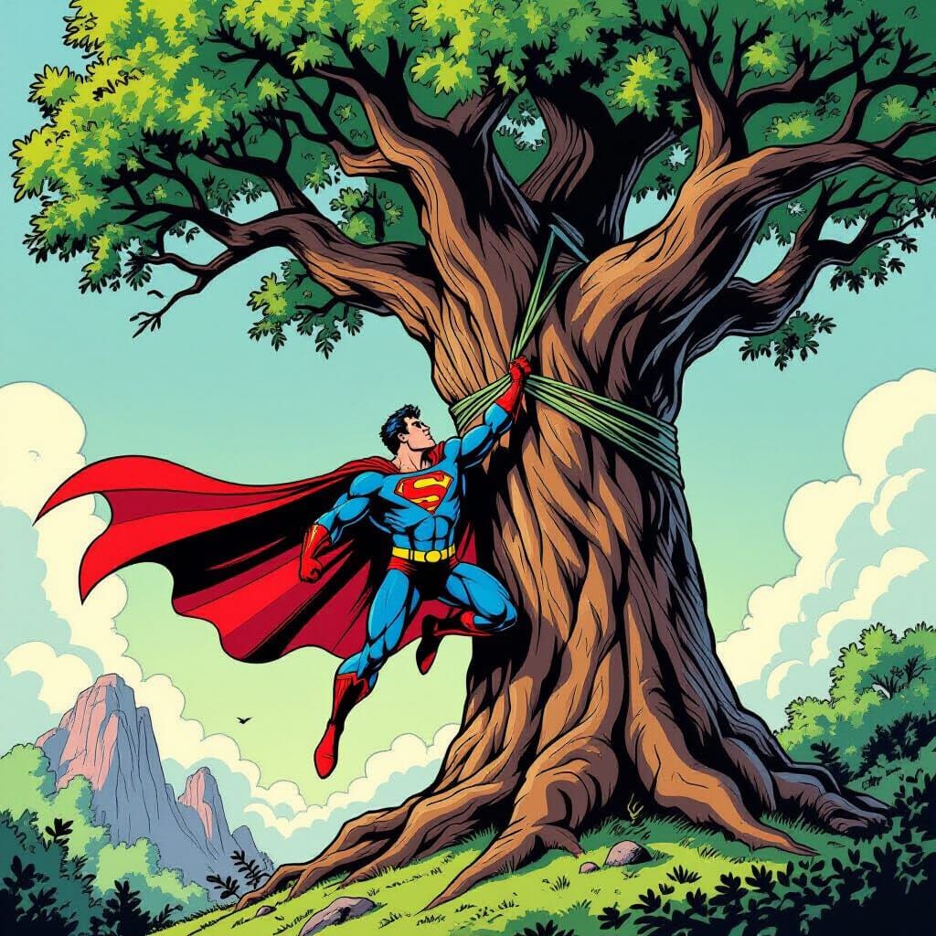 Superhero's Cape Snagged on Giant Tree in Comic Style