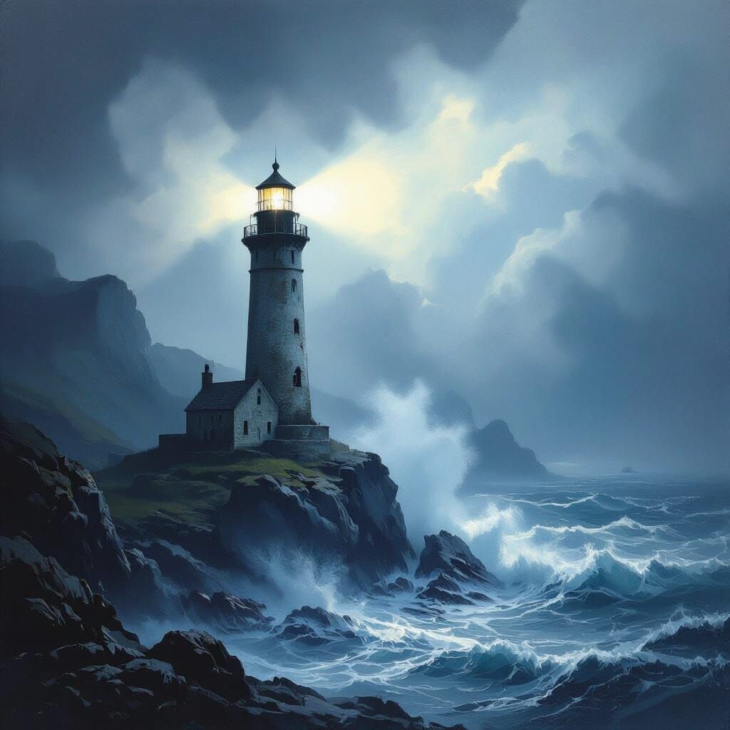 Lighthouse in Fog: Dramatic Oil Painting Style