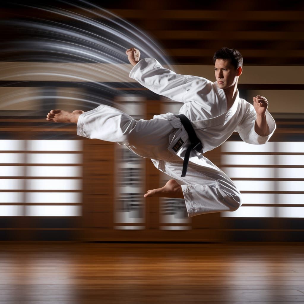 Karate Master Delivers Powerful Kick Mid-Air
