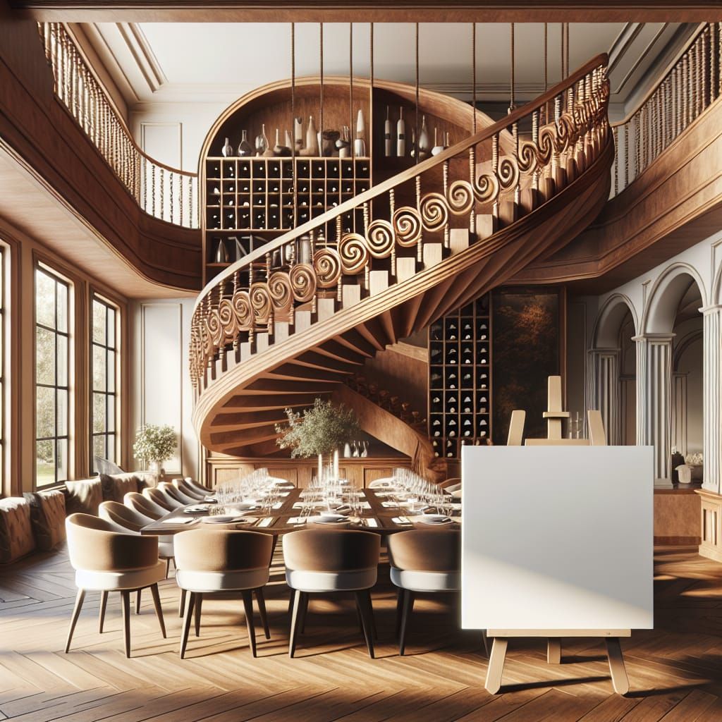 Posh Dining Area with Curved Wooden Staircase