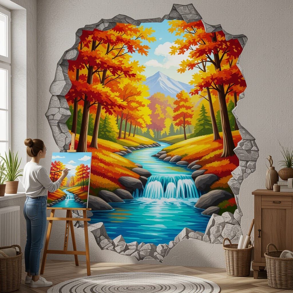 Artist Creates 3D Autumn River Artwork Emerging From Wall