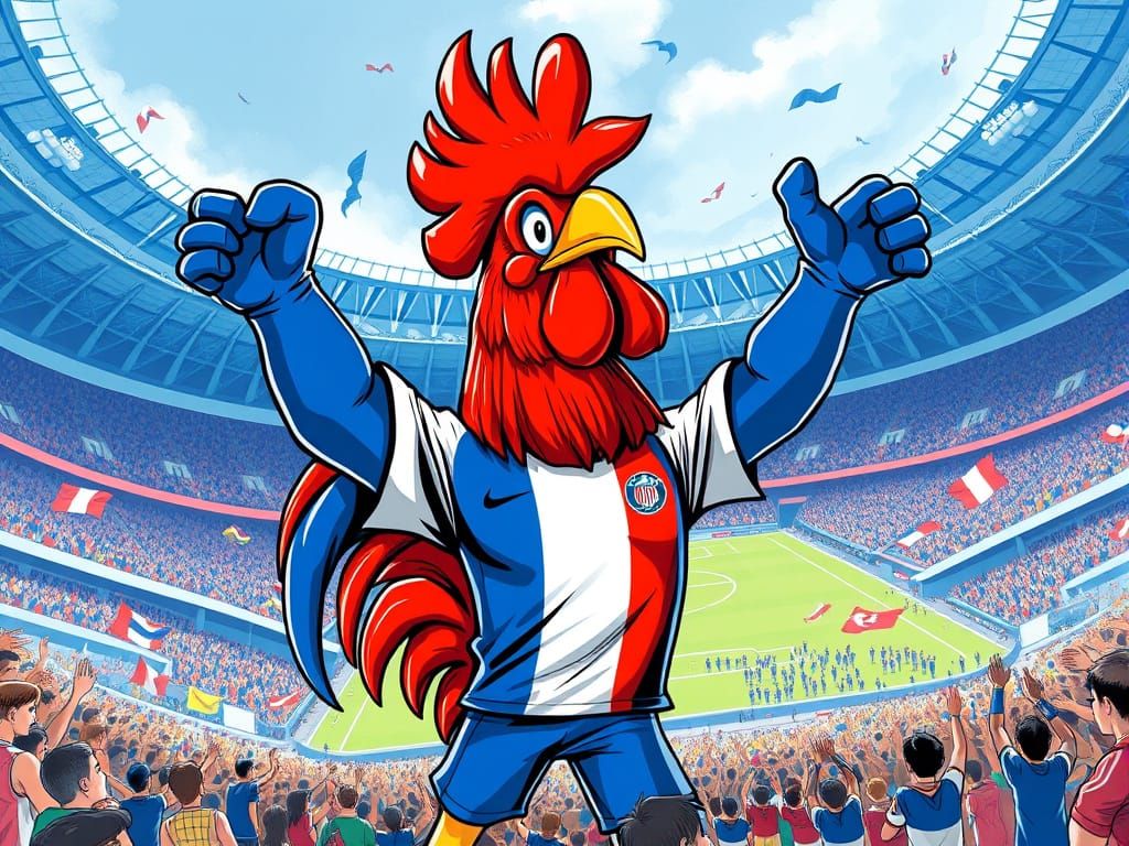 Retro Futuristic Rooster Triumphantly Holds Court at Stade d...